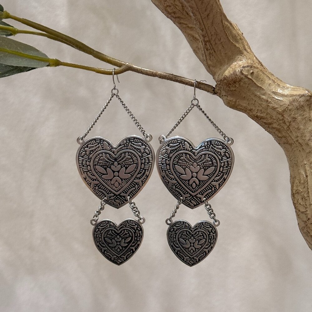 VINTAGE HEART SILVER EARRINGS - Picture 1 of 4